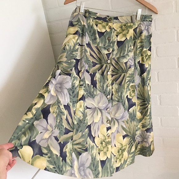 NWOT Vintage Midi Skirt Floral Tropical Leaves Print Button down Blue Cream 16 - Picture 3 of 9